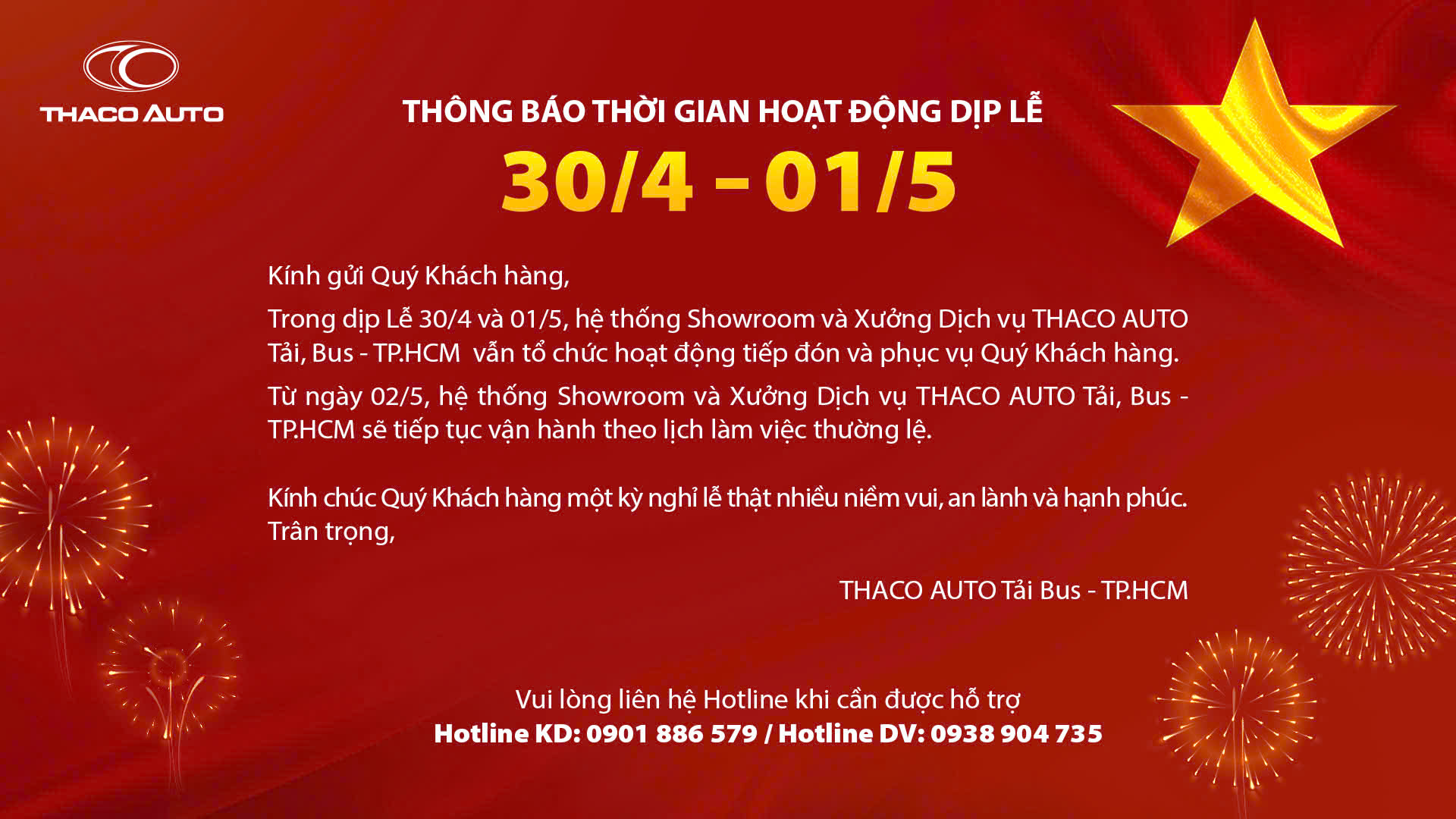 Thông báo thời gian hoạt động dịp lễ 30/4 – 01/5